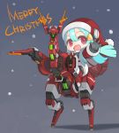  aqua_hair bangs chibi commentary fur-trimmed_hat fur-trimmed_sleeves fur_trim glowing glowing_eye hair_between_eyes hair_ornament hat long_hair mecha merry_christmas open_mouth original outstretched_hand parted_bangs pom_pom_(clothes) ran_system red_eyes riding santa_costume santa_hat snow 