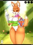  2018 aceymari anthro big_breasts blush breasts canine clothed clothing digital_media_(artwork) female fox hi_res holding_object holding_weapon looking_at_viewer mammal melee_weapon scarf shield solo tunic_(video_game) video_games weapon 