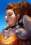  absurdres armor brigitte_(overwatch) brown_hair closed_eyes commentary deviantart_username english_commentary face full_armor highres lips long_hair overwatch parted_lips ponytail raphire red_lips shoulder_armor signature solo sweat sweatdrop 
