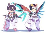  &gt;:&lt; aka-jishi animal_ears black_eyes black_hair chibi clenched_hand clenched_hands closed_mouth fake_animal_ears fake_tail full_body helmet hyakujuu-ou_golion keith_(voltron) kuro-jishi_(golion) lion_ears looking_at_viewer male_focus mecha_danshi mechanical_tail mechanical_wings miyata_(lhr) mullet multicolored_hair multiple_boys purple_eyes shadow simple_background sword tail takashi_shirogane two-tone_hair voltron:_legendary_defender weapon white_background white_hair wings 