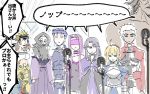  5boys ahoge archer armor artoria_pendragon_(all) assassin_(fate/stay_night) bare_shoulders berserker blindfold blonde_hair blue_hair brown_hair caster chacha_(fate/grand_order) chibi cloak collar commentary_request crossed_arms fate/grand_order fate/stay_night fate_(series) gauntlets gilgamesh juliet_sleeves karasaki keikenchi_(style) koha-ace lancer long_hair long_sleeves microphone multiple_boys multiple_girls no_nose nose_bubble partially_translated pointy_ears puffy_sleeves purple_hair rider saber shared_speech_bubble short_hair sketch skull_mask sleeping speech_bubble translation_request true_assassin white_hair 