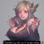  ! 1girl artist_name bare_shoulders between_breasts biting black_nails blush breasts cleavage clothes_writing dark_souls_iii english_text eyelashes feathers gameplay_mechanics grey_hair hair_feathers hair_up hairband heart highres large_breasts lip_biting lips long_hair looking_at_viewer looking_down nail_polish nat_the_lich naughty_face neckerchief nose parted_lips purple_eyes scar scar_across_eye sideboob solo souls_(from_software) upper_body 
