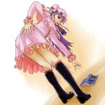  bent_over black_footwear book boots dress from_behind knee_boots legs looking_at_viewer looking_back pastell patchouli_knowledge pink_dress purple_hair touhou 