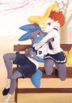  ancesra anthro blue_fur blush braixen canine clothed clothing female fox fur inner_ear_fluff lucario male mammal nintendo open_mouth pok&eacute;mon pok&eacute;mon_(species) red_eyes school_uniform shy smile uniform video_games white_fur 