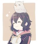  ^_^ animal animal_on_head bird bird_on_head black_hair blush_stickers border closed_eyes commentary_request feh_(fire_emblem_heroes) fire_emblem fire_emblem:_kakusei fire_emblem_heroes flower gold_trim highres hood mark_(female)_(fire_emblem) mark_(fire_emblem) moriya_(sorairo717) muted_color on_head outside_border owl short_hair simple_background smile turtleneck upper_body white_border 