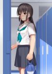  bangs black_hair brown_eyes closed_mouth eto eyebrows_visible_through_hair highres indoors locker locker_room long_hair md5_mismatch original pleated_skirt school_uniform serafuku skirt solo standing 