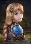  armor armored_dress bangs blonde_hair blue_eyes braid closed_mouth commentary deviantart_username english_commentary from_behind hair_ornament long_hair looking_at_viewer looking_back partially_submerged pauldrons raphire red_lips shoulder_pads signature single_braid solo sophitia_alexandra soulcalibur water 