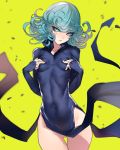  ban black_dress breasts commentary covered_navel cowboy_shot curly_hair dress eyebrows_visible_through_hair green_eyes green_hair hands_on_own_chest highres long_sleeves looking_at_viewer no_panties one-punch_man parted_lips pelvic_curtain side_slit simple_background sleeves_past_wrists small_breasts solo tatsumaki thigh_gap wind wind_lift 