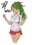  alternate_costume alternate_hairstyle bracelet breasts covered_navel dark_skin earrings green_eyes green_hair hair_ribbon highres hoop_earrings jewelry long_hair looking_at_viewer mao_(pokemon) medium_breasts ninchan pokemon pokemon_(game) pokemon_sm ponytail raglan_sleeves red_ribbon red_shorts ribbon shorts simple_background solo sweater turtleneck turtleneck_sweater white_background white_sweater 