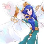  blue_dress blue_eyes blue_hair commentary_request cosplay dress fire_emblem fire_emblem:_kakusei fire_emblem_heroes fur_trim gunnthra_(fire_emblem) gunnthra_(fire_emblem)_(cosplay) hair_between_eyes long_hair long_sleeves lucina nezumoto open_mouth outstretched_arms simple_background solo spread_arms veil white_background 
