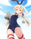  :o anchor_hair_ornament armpits black_hairband blonde_hair blue_sky carrying cloud covered_navel day elbow_gloves flat_chest gloves hair_ornament hairband highres iganseijin kantai_collection long_hair looking_at_viewer one-piece_swimsuit open_mouth rensouhou-chan salute school_swimsuit shimakaze_(kantai_collection) sky striped striped_legwear swimsuit thighhighs white_gloves yellow_eyes 