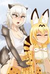  2girls animal_ears ass blonde_hair dalley-alpha eyes_closed kemono_friends killing_bites large_breasts no_panties orange_eyes serval_(kemono_friends) serval_ears serval_tail sharp_nails sharp_teeth silver_hair sweat tail uzaki_hitomi yuri 