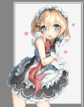  absurdres apron bangs blonde_hair blue_eyes blush braid commentary dress eyebrows_visible_through_hair eyewear_removed flying_heart g36_(girls_frontline) girls_frontline gloves hair_between_eyes hansal highres holding holding_eyewear lifted_by_self looking_at_viewer maid maid_apron maid_headdress round_eyewear short_hair side_braid sidelocks skirt_hold smile solo white_gloves younger 