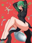  1girl arms_behind_head arms_up ass black_dress breasts dress floating full_body green_eyes highres hreen_hair legs_together long_sleeves looking_at_viewer no_panties one-punch_man red_background saitama_(one-punch_man) short_hair small_breasts tatsumaki zeromomentai 