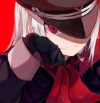  akatsuki_blitzkampf bad_id bad_twitter_id evil_smile gloves hat head_rest looking_at_viewer lowres military military_hat military_uniform peaked_cap perfecti red_background red_eyes silver_hair simple_background smile solo uniform wataru_(eguru200) 