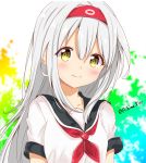  aihime_riyo artist_name blush hair_between_eyes hairband kantai_collection long_hair looking_at_viewer neckerchief red_hairband red_neckwear school_uniform serafuku shirt short_sleeves shoukaku_(kantai_collection) silver_hair smile solo upper_body very_long_hair white_shirt yellow_eyes younger 