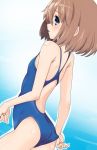  adjusting_clothes adjusting_swimsuit arm_at_side ass back back_cutout bangs blue_background blue_eyes blue_swimsuit blush body_blush breasts brown_hair clenched_hand competition_swimsuit eyebrows_visible_through_hair from_side gradient gradient_background hair_between_eyes iwasi-r looking_at_viewer neptune_(series) one-piece_swimsuit parted_bangs parted_lips profile rom_(choujigen_game_neptune) short_hair sideways_glance small_breasts smile solo standing swimsuit white_background 