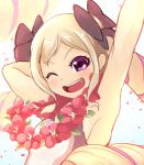  armpits blonde_hair drill_hair elise_(fire_emblem_if) fire_emblem fire_emblem_heroes fire_emblem_if flower_wreath hair_ribbon highres long_hair looking_at_viewer nakabayashi_zun open_mouth purple_eyes ribbon simple_background smile solo swimsuit twin_drills 