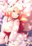  animal_ear_fluff animal_ears bangs blurry blurry_background blurry_foreground bow brown_hair chita_(ketchup) closed_mouth commentary_request depth_of_field eyebrows_visible_through_hair fingernails flower fox_ears fox_girl fox_tail hair_between_eyes hair_flower hair_ornament hakama hakama_skirt head_tilt highres japanese_clothes kimono long_sleeves looking_at_viewer original red_bow red_hakama red_ribbon ribbon short_kimono signature smile solo tail thick_eyebrows thighhighs white_kimono white_legwear wide_sleeves 