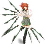  ahoge bow freckles full_body green_eyes hair_bow insertsomthinawesome looking_at_viewer orange_hair penny_polendina pink_bow rwby short_hair smile solo standing standing_on_one_leg sword thighhighs transparent_background weapon wire 
