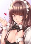  :} amagami blush breasts breasts_apart brown_eyes brown_hair choker cleavage closed_mouth commentary_request eyebrows eyebrows_visible_through_hair eyelashes eyes_visible_through_hair hair_intakes hands_up heart highres kamizaki_risa long_hair looking_at_viewer maid maid_headdress raised_eyebrows ribbon_choker shiny shiny_hair shouji_nigou simple_background small_breasts smile solo tsurime upper_body white_background wrist_cuffs 