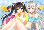  2girls animal_ears ball bikini black_hair blush braids catgirl doggirl gray_hair green_eyes kuu-chan long_hair navel original popsicle purple_eyes sakurai_makoto_(custom_size) shii-chan swimsuit twintails waifu2x wink 