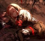  armband bangs black_legwear breasts commentary damaged deep_wound eyebrows_visible_through_hair girls_frontline gloves hair_between_eyes headgear injury jacket long_hair looking_at_viewer lying m4_sopmod_ii_(girls_frontline) medium_breasts multicolored_hair on_side open_mouth pantyhose pink_hair prosthesis prosthetic_arm puddle rain red_eyes red_hair reflection severed_limb silence_girl smile solo streaked_hair tearing_up torn_clothes torn_legwear 