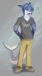  2018 anthro clothed clothing digital_media_(artwork) feet fin fish hair looking_at_viewer male marine multicolored_hair pants shark shirt simple_background slim smile smirk solo standing two_tone_hair 