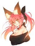  animal_ear_fluff animal_ears black_ribbon breasts casual cleavage collarbone fang fate_(series) fox_ears hair_ribbon large_breasts looking_at_viewer off_shoulder pink_hair ribbon simple_background solo tamamo_(fate)_(all) tamamo_no_mae_(fate) white_background yellow_eyes yunomitootya 
