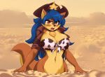  2018 annoyed anthro blue_hair blush brown_fur canine carmelita_fox female fox fur hair hat hi_res inner_ear_fluff kyelyn_(artist) mammal navel open_mouth outside quicksand sly_cooper_(series) solo video_games 