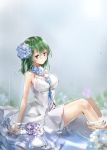  alternate_costume bare_arms bare_shoulders blue_flower blue_ribbon breasts cleavage commentary crying crying_with_eyes_open dress eyebrows_visible_through_hair feet_out_of_frame flower green_hair hair_between_eyes hair_flower hair_ornament highres hydrangea hydrangea_hair_ornament kazami_yuuka large_breasts long_hair looking_at_viewer purple_flower rain red_eyes ribbon shironeko_yuuki sitting solo spaghetti_strap tears thighs touhou water wet wet_hair white_dress 