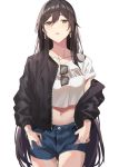  bangle black_hair bracelet collarbone commentary_request denim denim_shorts dog_tags earrings idolmaster idolmaster_shiny_colors jacket jewelry long_hair midriff navel necktie open_clothes open_jacket open_mouth shirase_sakuya shorts simple_background sola_(solo0730) solo sunglasses white_background yellow_eyes 