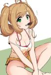  1girl ahoge bangs bare_arms bare_legs bare_shoulders blonde_hair breasts camisole chocolate cleavage crossed_ankles eating eyebrows_visible_through_hair food green_background green_eyes ice_cream idolmaster idolmaster_cinderella_girls indian_style light_brown_hair lips looking_at_viewer medium_breasts omaru_gyuunyuu popsicle satou_shin simple_background sitting skirt solo spaghetti_strap strap_slip twintails white_background yellow_skirt 