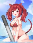  animal_ears azur_lane bikini blush breasts cat_ears cat_tail cleavage collarbone commentary day fang highres himexin i-19_(azur_lane) large_breasts looking_at_viewer ocean open_mouth red_eyes red_hair seiza sitting sky solo string_bikini swimsuit tail torpedo twintails water 