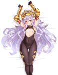  areolae armor armpits arms_up ass_visible_through_thighs bangs bed_sheet blush bodysuit breastless_clothes breasts cameltoe commentary_request covered_clitoris covered_navel curly_hair elbow_gloves feet_out_of_frame flat_chest gloves gold_trim granblue_fantasy hair_between_eyes hair_spread_out headpiece highres lavender_hair long_hair looking_at_viewer lying medusa_(shingeki_no_bahamut) nipples on_back pointy_ears red_eyes red_gloves shingeki_no_bahamut skin_tight small_breasts solo thigh_gap thighs very_long_hair wide_hips zaxwu 