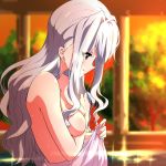  asanaya bangs breasts covering covering_breasts earrings evening hair_intakes highres idolmaster idolmaster_(classic) jewelry long_hair looking_down medium_breasts naked_towel onsen outdoors purple_eyes shijou_takane sidelocks silver_hair smile solo sparkle stud_earrings towel wavy_hair wet 