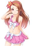  bikini bikini_skirt breasts brown_hair flower frilled_bikini frills hair_flower hair_ornament hairband idolmaster idolmaster_(classic) long_hair looking_at_viewer medium_breasts minase_iori miri_(ago550421) navel one_eye_closed pink_bikini polka_dot polka_dot_bikini red_eyes red_hairband simple_background smile solo swimsuit white_background 