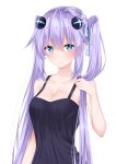  alternate_costume alternate_hairstyle bare_shoulders black_dress blue_eyes blush breasts checkered checkered_ribbon cleavage collarbone commentary d-pad d-pad_hair_ornament dress hair_between_eyes hair_ornament hair_ribbon highres holding holding_hair long_hair looking_at_viewer medium_breasts neptune_(series) power_symbol purple_hair purple_heart ribbon shikapiro simple_background solo symbol-shaped_pupils twintails upper_body very_long_hair white_background 