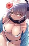  bikini black_bow black_scarf blonde_hair blush bow breasts cleavage covered_nipples fate/grand_order fate_(series) flower hair_flower hair_ornament hamadamiku01 haori hibiscus japanese_clothes koha-ace large_breasts layered_bikini looking_at_viewer navel okita_souji_(fate) okita_souji_(fate)_(all) open_clothes scarf shinsengumi short_hair smile solo swimsuit swimsuit_under_swimsuit white_bikini yellow_eyes 