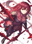 akae_neo black_footwear bodysuit boots fate/grand_order fate_(series) full_body gae_bolg gloves highres impossible_bodysuit impossible_clothes long_hair looking_at_viewer parted_lips pauldrons petals polearm purple_bodysuit purple_hair red_eyes scathach_(fate)_(all) scathach_(fate/grand_order) simple_background solo spear thigh_boots thighhighs weapon white_background 