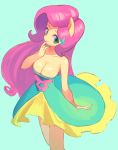  2018 animal_humanoid breasts cleavage clothed clothing colored_nails cute cyan_background devil_horns dress equestria_girls equine eyebrows eyelashes female floppy_ears fluttershy_(eg) fully_clothed green_nails hair hairclip hi_res humanoid ikirunosindo long_hair looking_at_viewer mammal my_little_pony pink_hair portrait pose simple_background smile solo standing teal_eyes three-quarter_portrait 