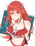  bare_shoulders bikini blush fire_emblem fire_emblem:_kakusei fire_emblem_heroes hair_ornament highres looking_at_viewer navel nekolook red_eyes red_hair red_swimsuit simple_background solo starfish swimsuit tiamo upper_body white_background 