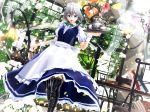  apron book boots braid chair cross-laced_footwear fishnets highres holding holding_tray indoors izayoi_sakuya kurogoma_(meganegurasan) lace-up_boots maid maid_apron maid_headdress mikumikudance table thigh_boots thighhighs touhou tray white_hair window 