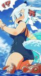  1girl animal_ears ass blue_hair borrowed_character mawaru_(mawaru) octopus one-piece_swimsuit original outdoors partially_submerged swimsuit tail tentacle torii_hair_ornament water wet 