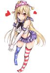  amagi_(amagi626) american_flag_legwear bare_shoulders black_neckwear black_panties blonde_hair blue_skirt blush clownpiece collarbone commentary_request cosplay crop_top elbow_gloves eyebrows_visible_through_hair full_body gloves hair_between_eyes hat heart highleg highleg_panties highres jester_cap kantai_collection leaning_forward long_hair looking_at_viewer microskirt midriff navel no_shoes panties pink_hat pleated_skirt polka_dot_hat red_eyes sailor_collar school_uniform serafuku shimakaze_(kantai_collection) shimakaze_(kantai_collection)_(cosplay) shirt simple_background skirt sleeveless sleeveless_shirt smile solo standing star star_print stomach thighhighs thighs touhou underwear v_arms very_long_hair white_background white_gloves white_serafuku white_shirt zettai_ryouiki 