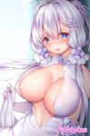 ahoge areola_slip areolae azur_lane blue_eyes blush breasts cleavage covered_nipples dress dress_lift elbow_gloves gloves hair_ornament hair_ribbon high_ponytail illustrious_(azur_lane) large_breasts long_hair looking_at_viewer mole mole_under_eye open_mouth ribbon side_ponytail sidelocks smile solo tied_hair tress_ribbon twitter_username white_dress white_gloves white_hair xayux 
