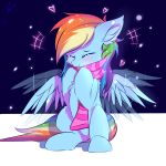  &lt;3 2018 blue_background blue_feathers blush chest_tuft cute equine eyebrows eyelashes eyes_closed feathered_wings feathers female feral flapping friendship_is_magic fur hair happy heddopen hi_res hooves inner_ear_fluff mammal mostly_nude multicolored_hair my_little_pony pegasus portrait rainbow_dash_(mlp) rainbow_hair scarf shadow signature simple_background sitting smile solo striped_scarf stripes tuft wings 