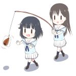  bang_dream! bangs black_hair blue_legwear blue_neckwear blue_shirt blush carrot_on_stick chibi chocolate_cornet commentary_request fishing_rod food hanasakigawa_school_uniform hanazono_tae highres holding holding_fishing_rod kiyose_akame_(style) long_hair multiple_girls necktie open_mouth outstretched_arm parody pleated_skirt rino_(monochrome_rino) school_uniform serafuku shirt shoes short_hair short_sleeves simple_background skirt style_parody ushigome_rimi walking white_background white_skirt ||_|| 