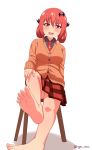  1girl barefoot blush fang feet gabriel_dropout hair_ornament hand_on_own_knee kurumizawa_satanichia_mcdowell long_hair looking_at_viewer open_mouth pov pov_feet red_eyes red_hair sitting soles stool toes twintails 