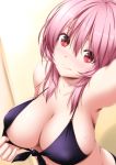  arm_up armpits bare_shoulders bikini bikini_pull black_bikini blush breasts cleavage collarbone commentary_request covered_nipples eyebrows_visible_through_hair front-tie_bikini front-tie_top hair_between_eyes head_tilt highres large_breasts looking_at_viewer no_hat no_headwear nori_tamago nose_blush o-ring o-ring_top pink_hair red_eyes saigyouji_yuyuko shiny shiny_skin short_hair smile solo strap_gap sweat swimsuit touhou upper_body 
